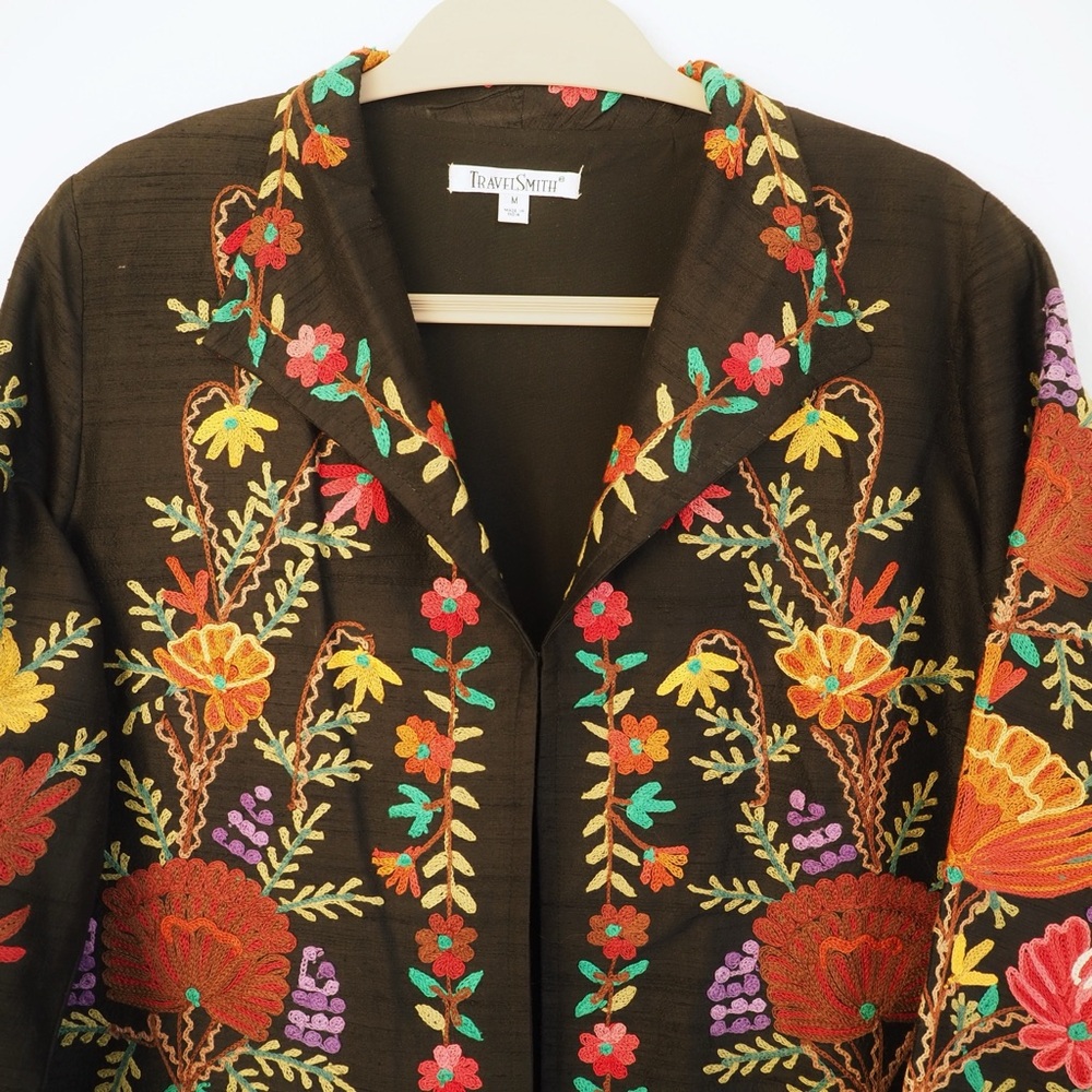 TravelSmith Silk Floral Embroidered Duster Jacket Women’s Size M boho folk rich - Picture 3 of 9